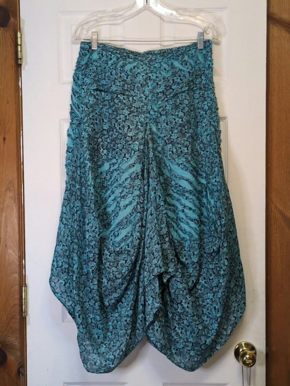 VTG Belma NY Boho Teal Floral Crinkle Balloon MIDI Skirt One Sz OSFM Cotton Indi